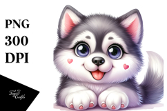 Watercolor Cute Cartoon Siberian Husky with Big Eyes, PNG Product Image 1