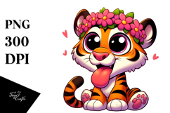 Goofy Cartoon Tiger with Flower Crown, Transparent PNG Product Image 1