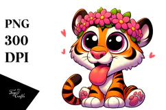 Goofy Cartoon Tiger with Flower Crown, Transparent PNG Product Image 1