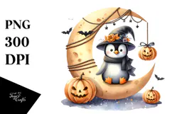 Watercolor Penguin on Halloween Moon PNG Product Image 1