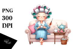 Watercolor Lady on Sofa with Hair Curlers | Clipart Product Image 1