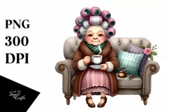 Watercolor Lady on Sofa with Hair Curlers | Clipart Product Image 1