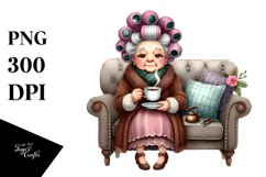 Watercolor Lady on Sofa with Hair Curlers | Clipart Product Image 1
