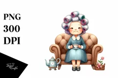 Watercolor Lady on Sofa with Hair Curlers | Clipart Product Image 1