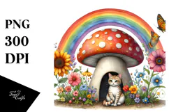Watercolor CAT House with Striking Rainbow | Clipart Product Image 1