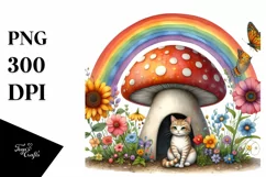 Watercolor CAT House with Striking Rainbow | Clipart Product Image 3