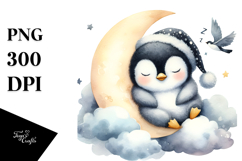 Sweet Baby Penguin Sleeping on Moon, PNG Product Image 1