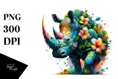 Vibrant Watercolor Rhino with Flowers, PNG Product Image 3