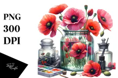 Watercolor Jar with Large Poppies | Clipart Product Image 1