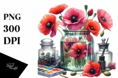 Watercolor Jar with Large Poppies | Clipart Product Image 1
