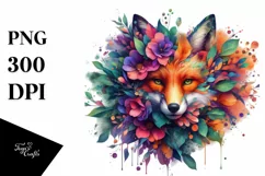 Vibrant Watercolor Fox with Flowers, PNG Product Image 1