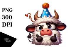 Cartoony Party Hat Cow, Clean White Backdrop PNG Product Image 1