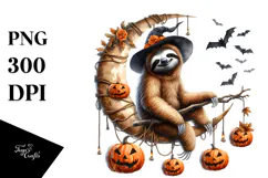 Sloth on Halloween Moon with Jack-o-Lanterns PNG Product Image 1