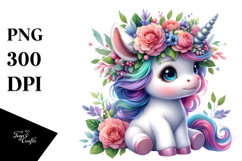 Baby Unicorn with Floral Wreath, PNG Product Image 1