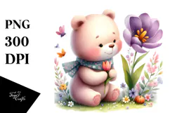 Cute Baby Bear on Spring Flower, PNG Product Image 1