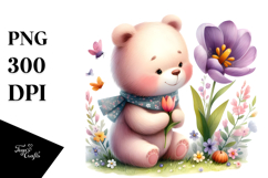 Cute Baby Bear on Spring Flower, PNG Product Image 1
