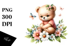 Cute Baby Bear on Spring Flower, PNG Product Image 1