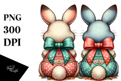 Colorful Vintage Bunnies Sitting View from Back with Bow, Product Image 1