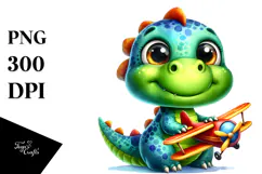 Goofy Baby Dinosaur with Tiny Airplane, PNG Product Image 1