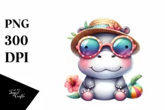 Colorful Hippo Sunglasses Sun Hat Watercolor Clipart Product Image 1