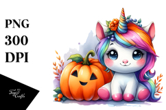 Cute Baby Unicorn with Pumpkin, Watercolor PNG Product Image 1
