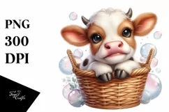 Adorable Highland Cow in Basket | Sublimation Clipart Product Image 1