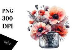 Abstract Watercolor Jar with Large Poppy | Clipart Product Image 1