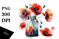 Abstract Watercolor Jar with Large Poppy | Clipart Product Image 1