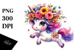 Running Baby Unicorn with Floral Wreath PNG Product Image 1