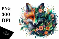 Vibrant Watercolor Fox with Flowers, PNG Product Image 1