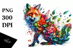Vibrant Watercolor Fox with Flowers, PNG Product Image 1