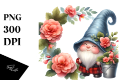 Watercolor Cute GNOME with Floral Frame, PNG Product Image 1