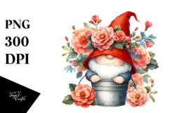 Watercolor Cute GNOME with Floral Frame, PNG Product Image 1