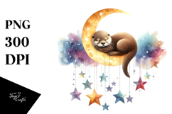Vibrant Watercolor Otter Sleeping on the Moon | Sublimation Product Image 1