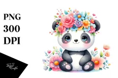 Panda Sitting Flower Crown Watercolor Clipart Product Image 1