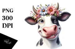 Whimsical Cow with Flower Crown, PNG Product Image 1