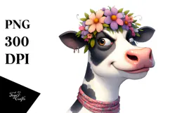 Whimsical Cow with Flower Crown, PNG Product Image 1