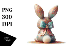 Colorful Vintage Bunny Sitting View from Back with Bow, PNG Product Image 1