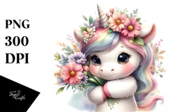Baby Unicorn Huging Flowers | Clipart Product Image 1