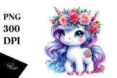 Cute Baby Unicorn with Floral Wreath PNG Product Image 1