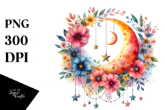 Whimsical Moon with Flowers and Stars | Clipart Product Image 1