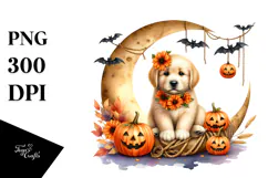 Puppy on Halloween Moon with Jack-o-Lanterns PNG Product Image 1