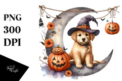 Puppy on Halloween Moon with Jack-o-Lanterns PNG Product Image 1