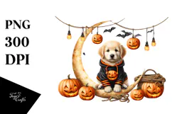 Puppy on Halloween Moon with Jack-o-Lanterns PNG Product Image 1