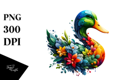 Vibrant Watercolor Duck Made of Plant Leaves and Flowers PNG Product Image 1