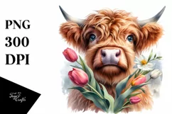 Highland Cow Portrait with Flowers | Clipart Product Image 3