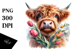 Highland Cow Portrait with Flowers | Clipart Product Image 1