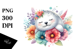 Colorful Baby Seal Sleeping in Flower | Clipart Product Image 1