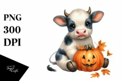 Cute Baby Cow with Pumpkin, PNG Product Image 1