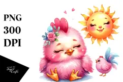 Colorful Rooster Cuddling Sun PNG Product Image 1